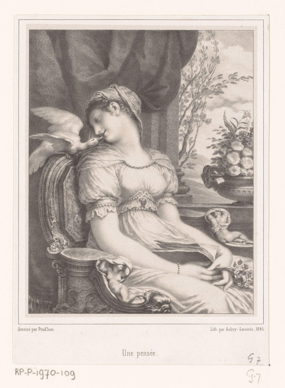 Sittande kvinna med bok och vit fågel Une pensée (titel på objekt) av Hyacinthe Louis Victor Jean Baptiste Aubry Lecomte