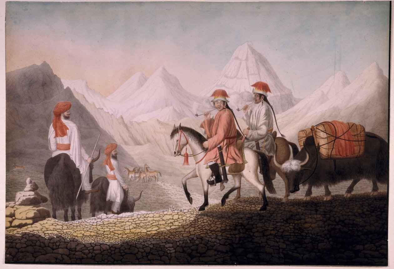 William Moorcroft och Hearsay på vägen till Lake Mansarovar (Tibet) 1812 (akvarell på papper) av Hyder Jung Hearsey