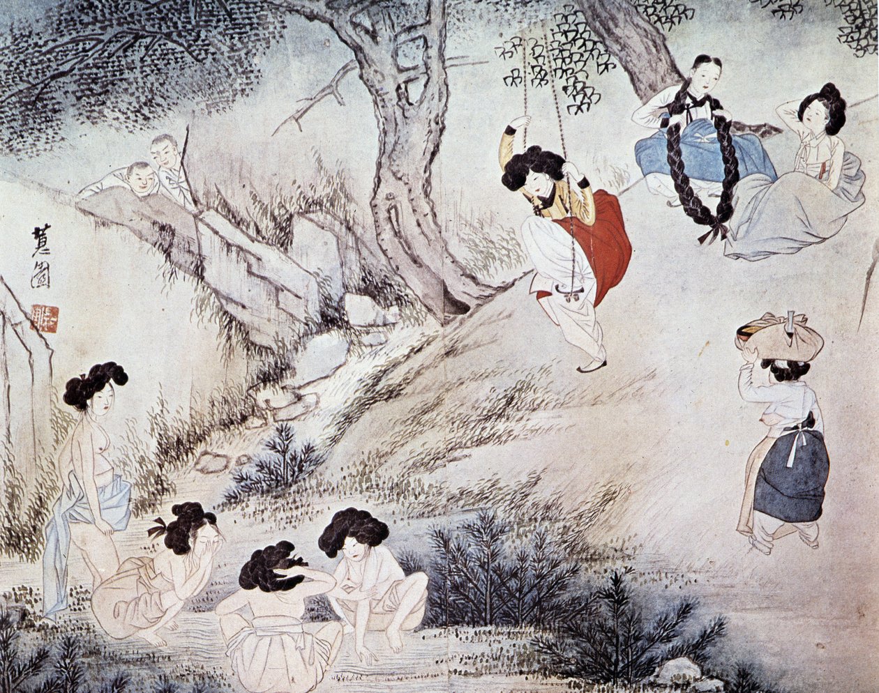 Kvinnor utomhus (badar i floden och gungar) och två män som tittar på dem, Kree - av Hye-Wol, Yi Dynasty av Hyewon