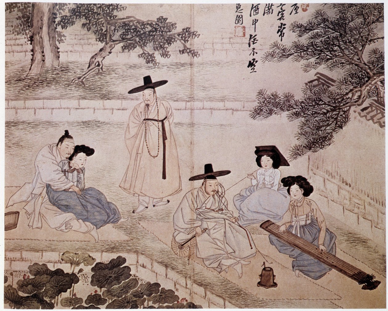 Musik, fumery och par i en trädgård, Korea - av Hye-Wol, Yi-dynastin av Hyewon