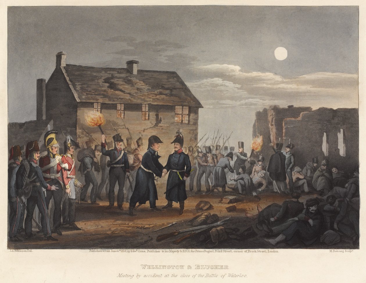 Wellington och Blucher möttes av en slump vid slutet av slaget vid Waterloo, graverad av M. Dubourg, 1819 (färgad akvatint) av I. M. Clark
