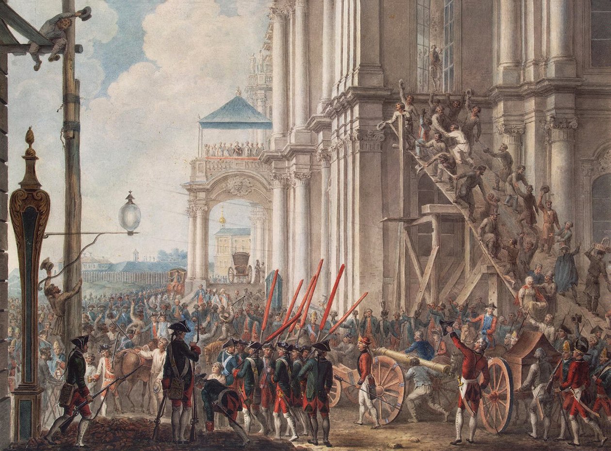 Katarina II på vinterpaladsets balkon, mødt af vagter og folk på paladsrevolutionens dag, 28. juni, 1762 swed av I.K Kaestner