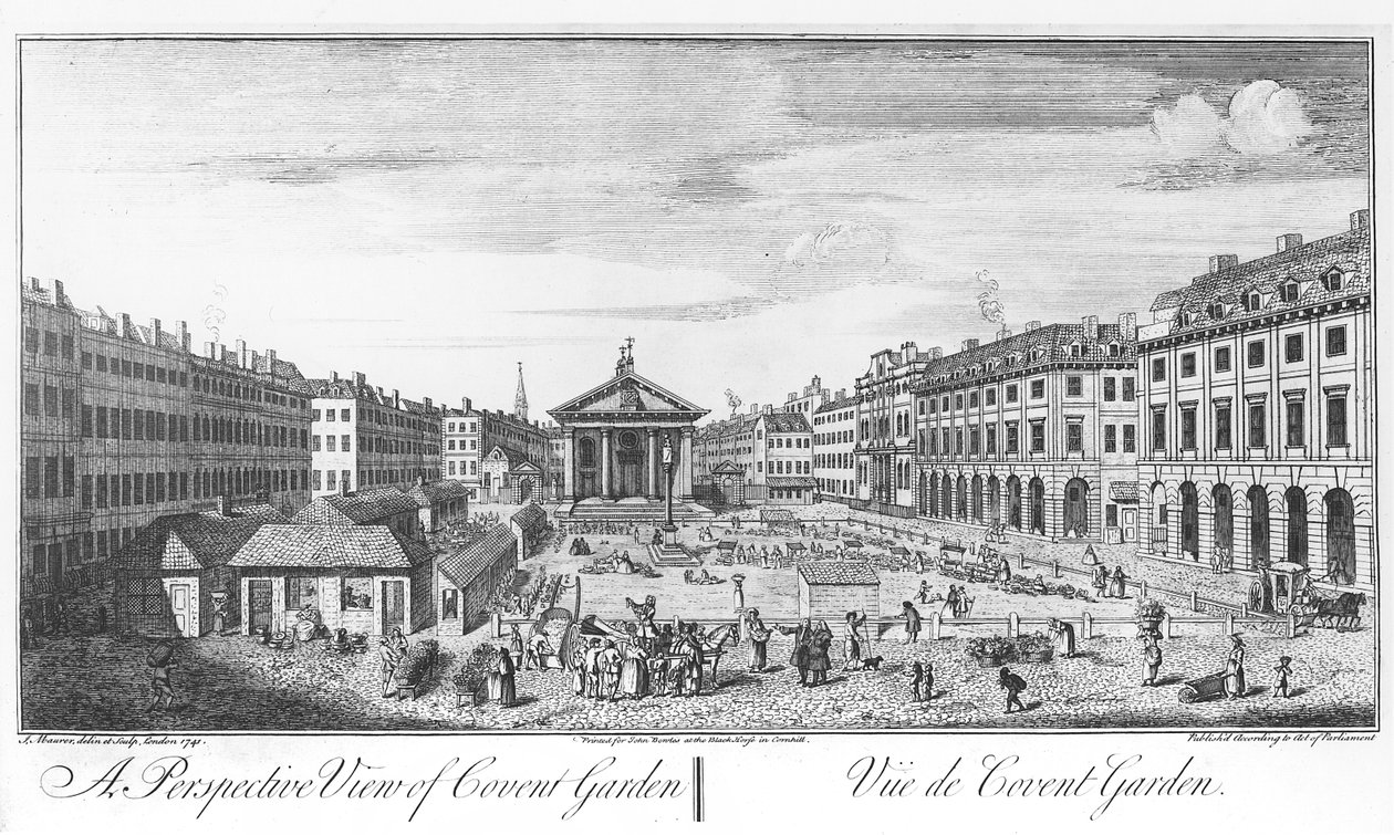En perspektivvy av Covent Garden av I. (after) Maurer
