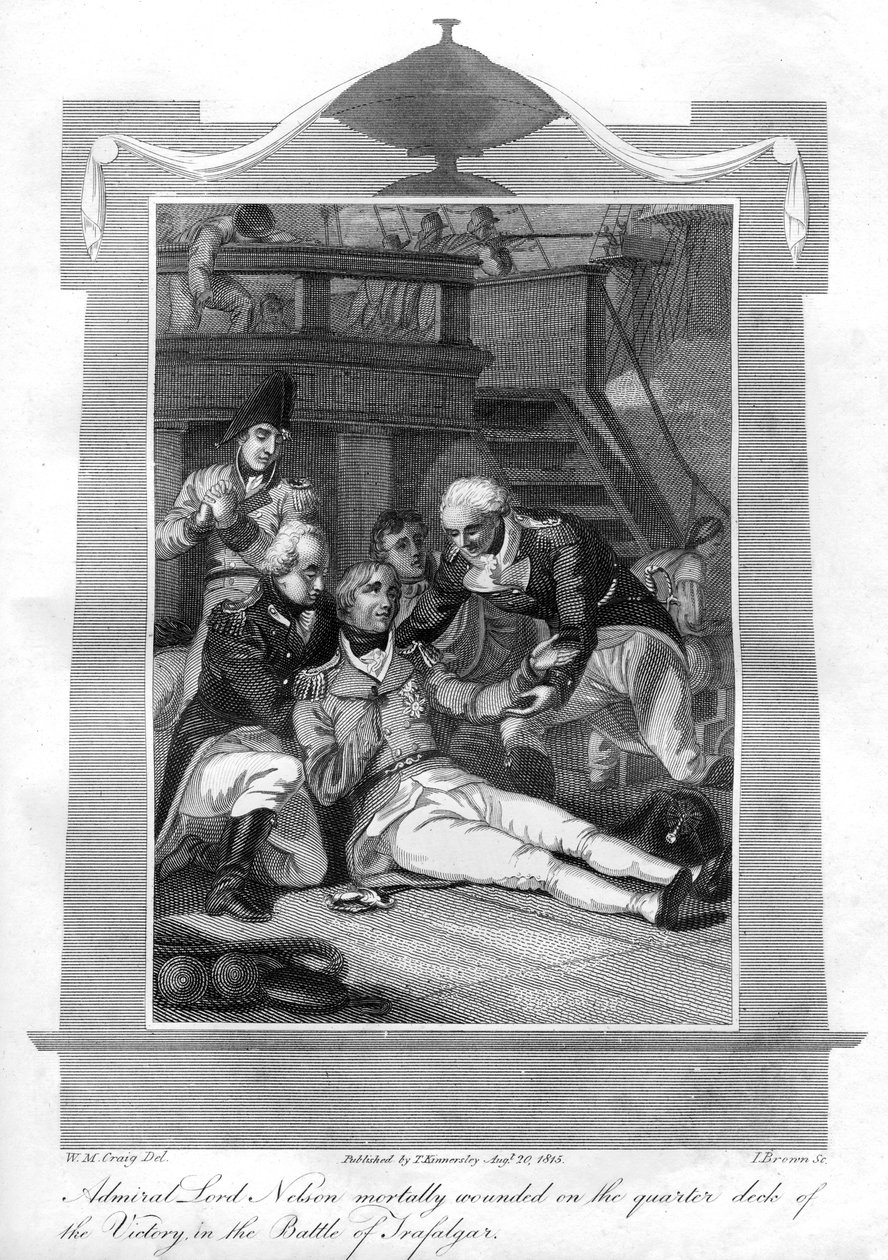 Amiral Nelson ligger dödligt sårad på kvartsdäcket på HMS Victory, 1816. av I. Brown