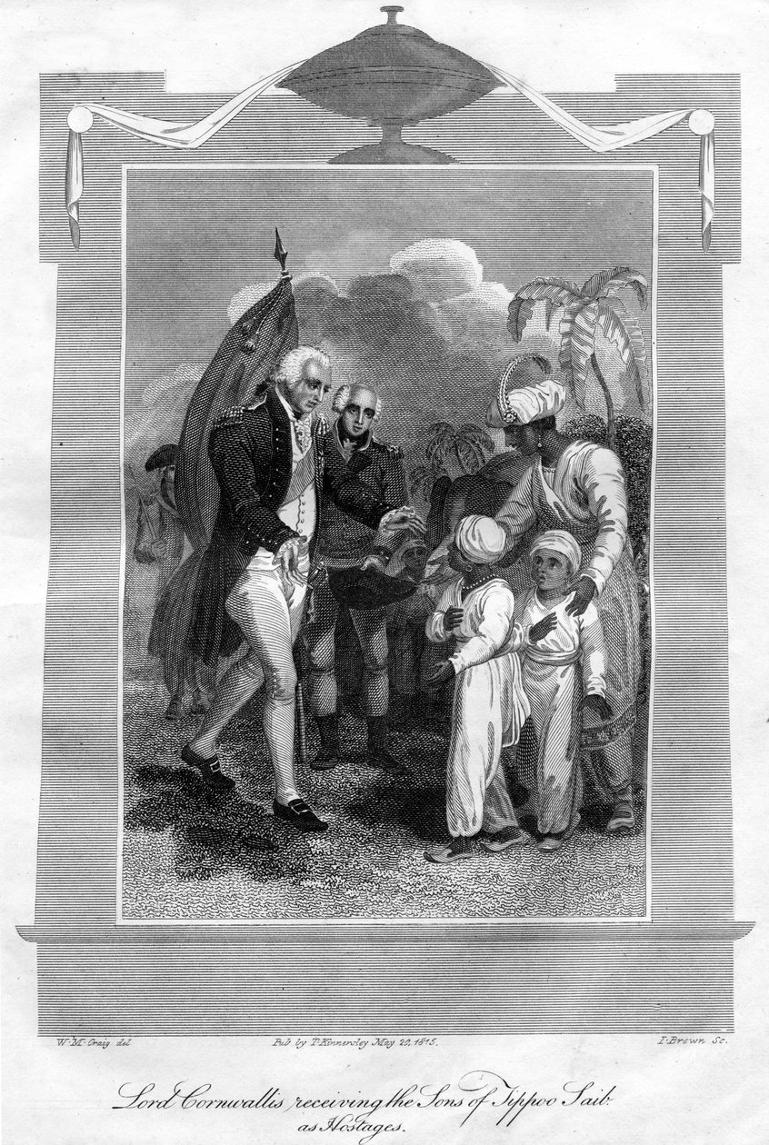 Lord Cornwallis 1738-1805 tog emot Tippoo Saibs söner som gisslan, 1816. av I. Brown