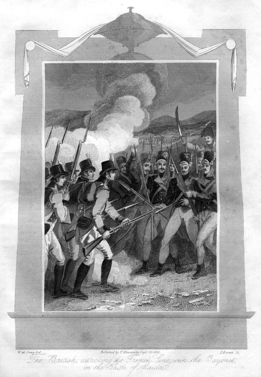 Britterna attackerade den franska linjen med bajonetter i slaget vid Maida, 1816. av I. Brown