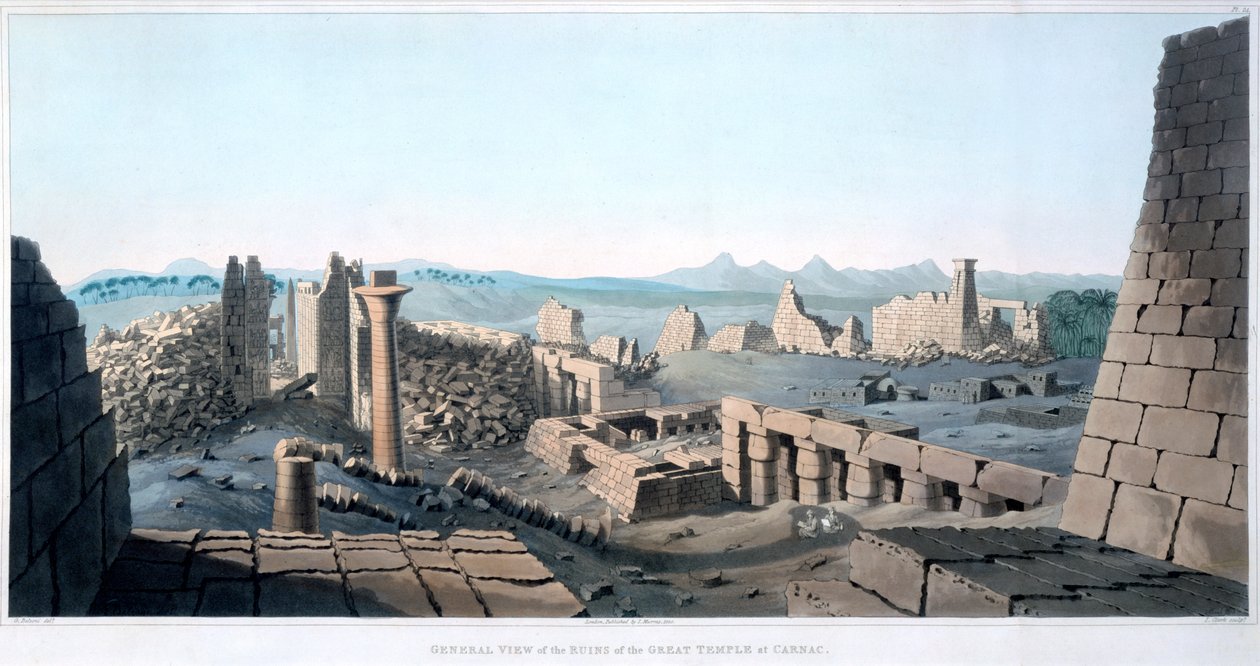 Översikt över ruinerna av det stora templet i Carnac, Egypten, 1820 av I Clark