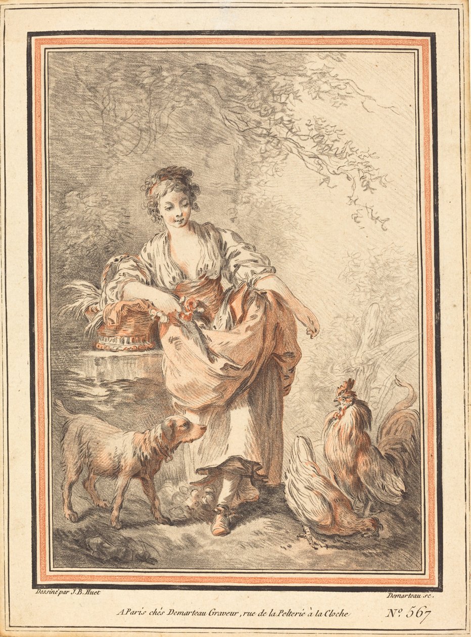 Kvinna som matar kycklingar av I Gilles Antoine Demarteau after Jean Baptiste Hüet
