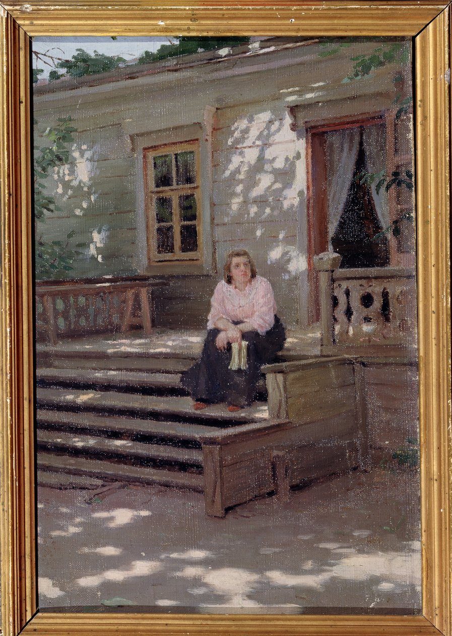På verandan (Vid verandan). En kvinna ensam som sitter i trappan framför ett hus och som verkar vänta på någon. Målning av Jakov Jakovlevich Kalinichenko (1869-1938), olja på duk av Iakov Kalinichenko