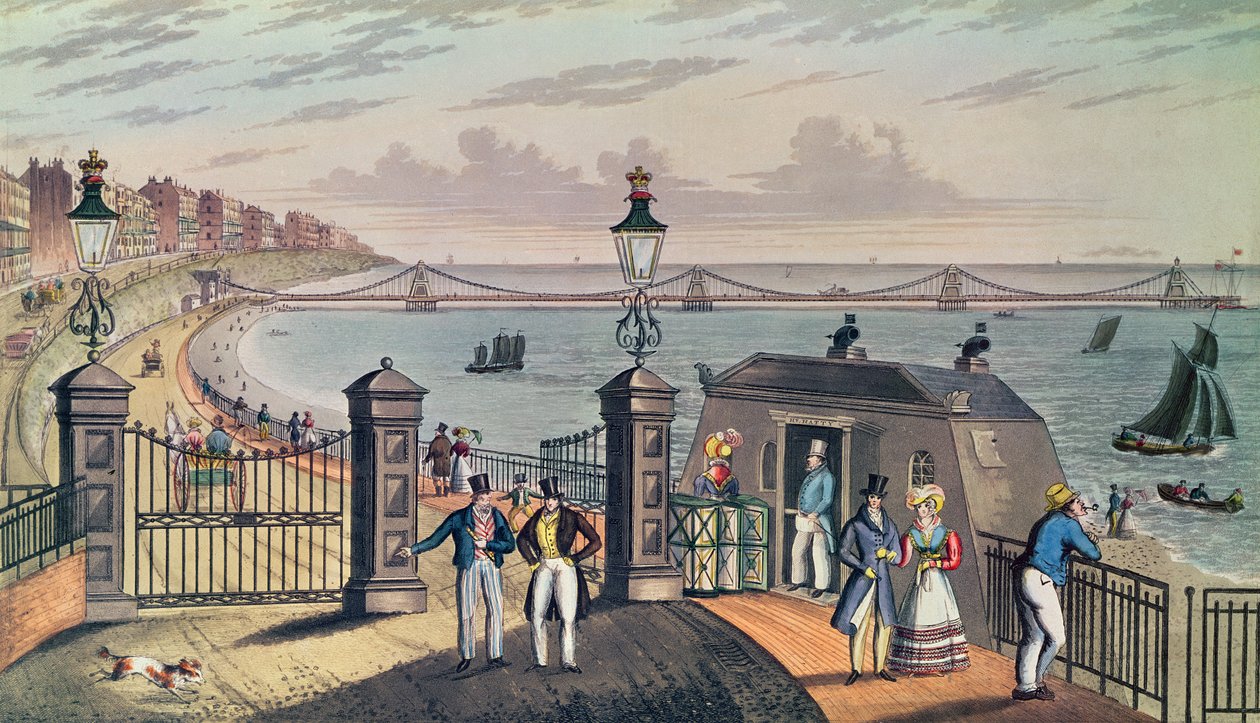 Chain Pier på framsidan i Brighton, designad och uppförd av kapten S. Brown R.N. 1823, graverad och utgiven av konstnären (färgtryck) av Ian Bruce