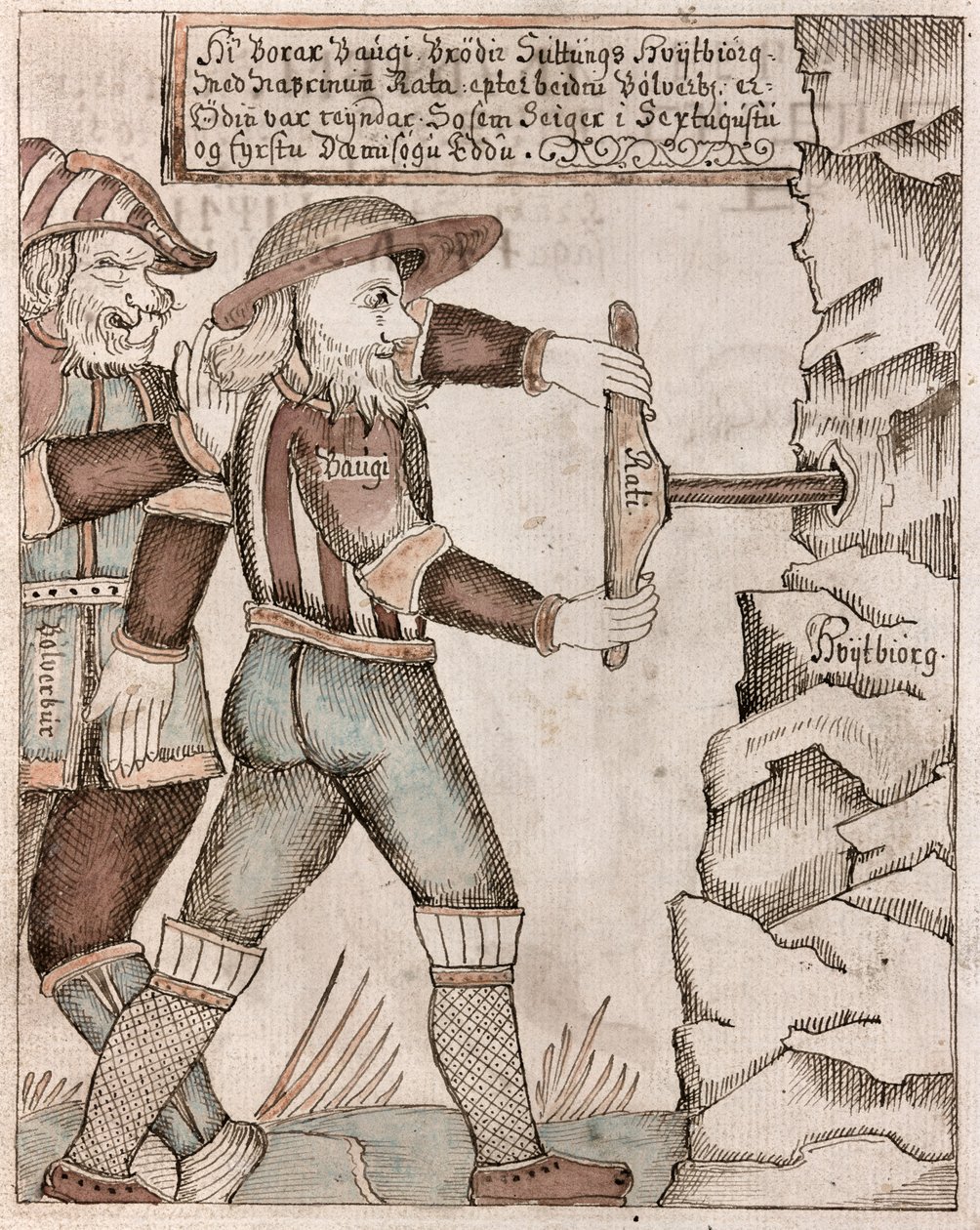 Jätten Baugi, övertalad av Oden, borrar in i sin bror, Suttungs underjordiska kammare där hydromel, poeternas mjöd, är gömd av Icelandic School