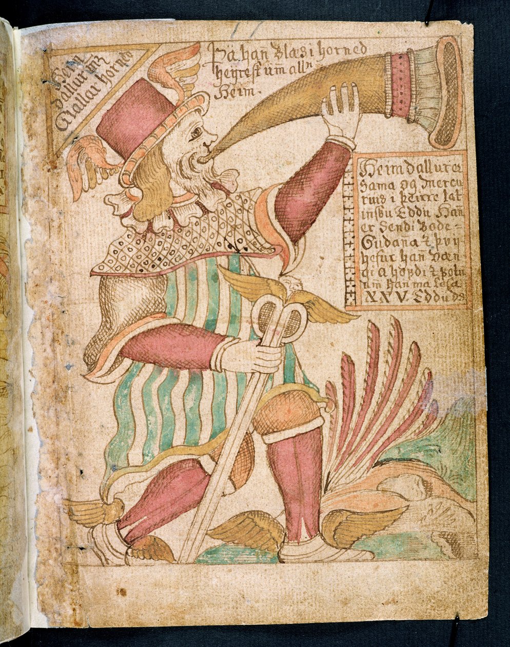Heimdal blåser sitt horn före Ragnarök, från Melsteds Edda (penna & bläck och wc på papper) av Icelandic School