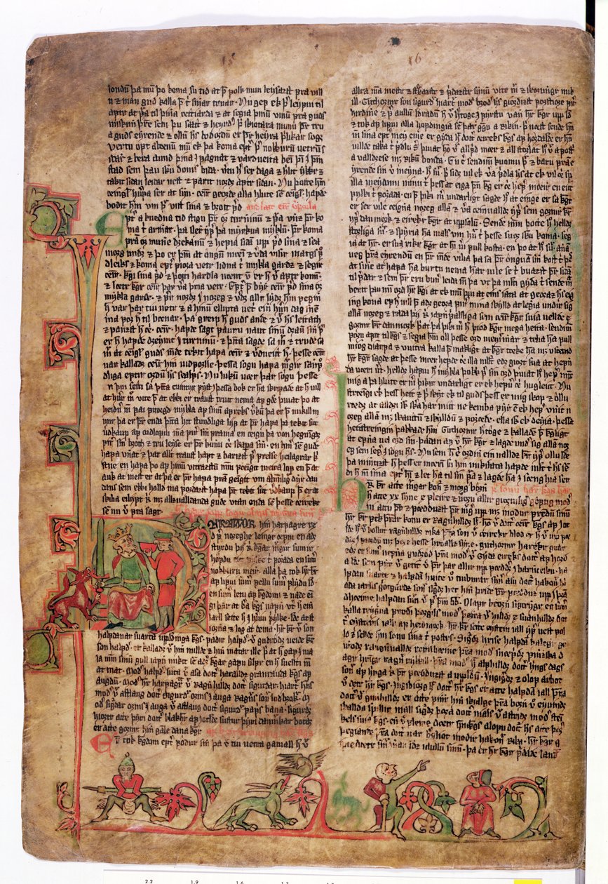 Historikerad initial D i början av Sagan om Olaf Tryggvason, från Flateyjarbok (Boken om Flatey) sent 1300-tal av Icelandic School