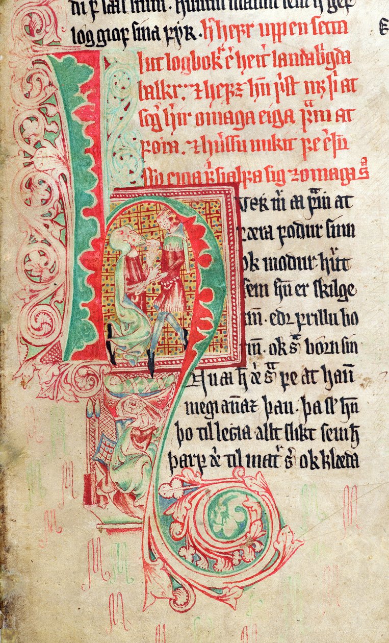 Historikerad initial H, från Skarosbok (The Book of Skard) c.1350 av Icelandic School