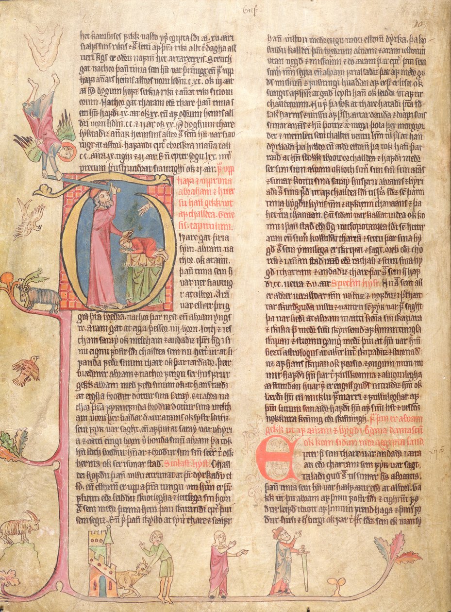 Historikert initial P som föreställer Abrahams offer, från Stjorn (Governance) av Icelandic School