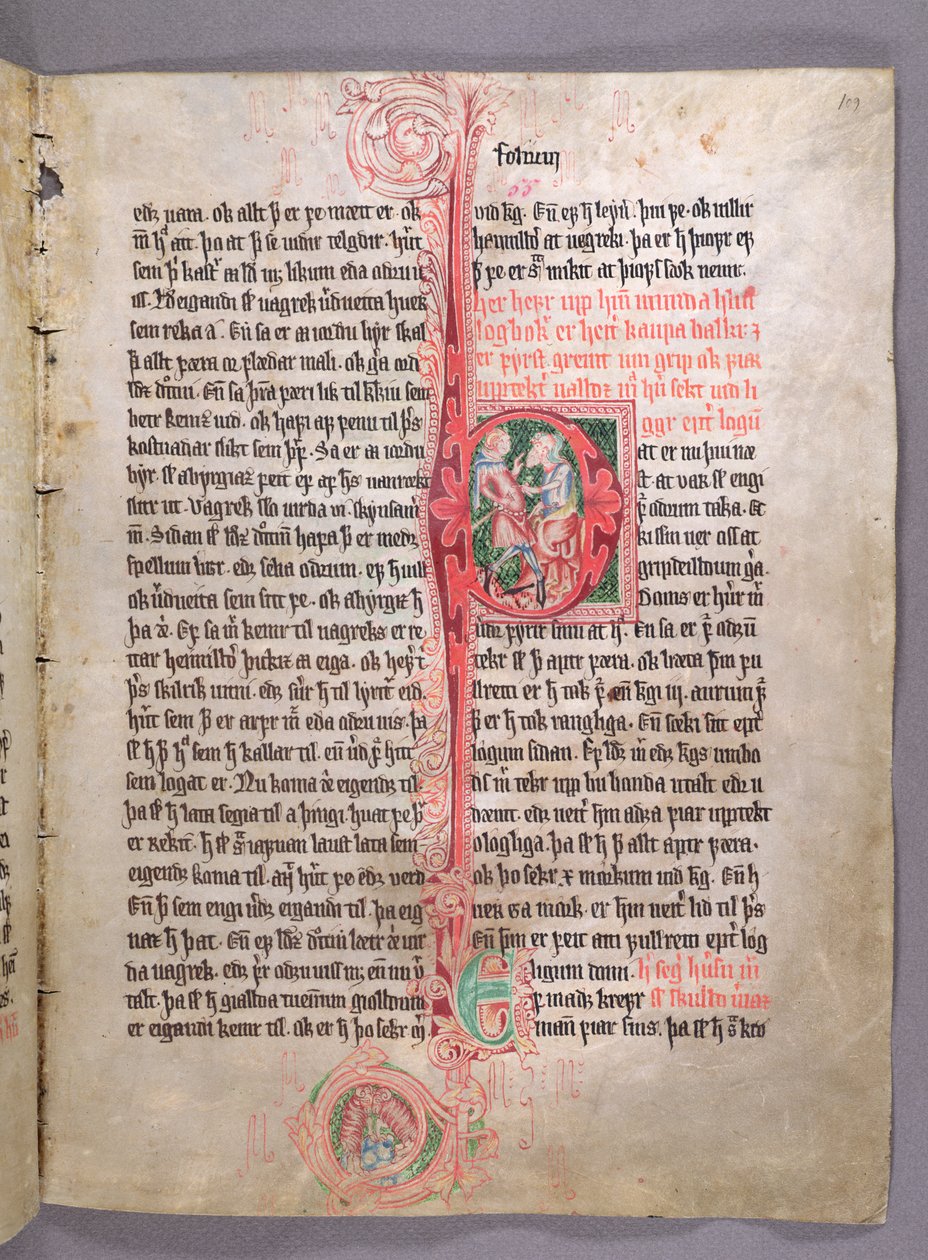 Historikert initial P som föreställer två handelsmän, från början av avsnittet om handel, från Skarosbok (Skardboken) ca 1350 av Icelandic School