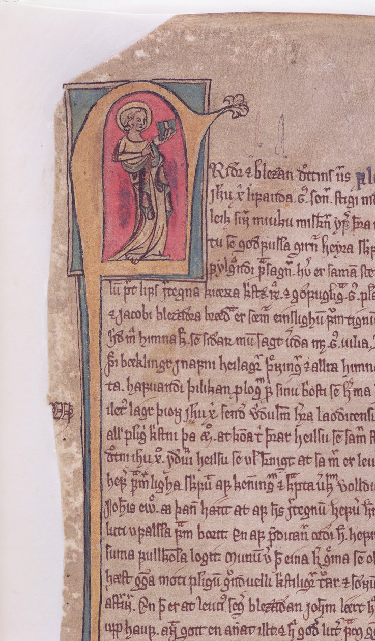 Historikerad initial i början av Sagan om de två apostlarna Johannes och Jakob, från Codex Scardensis, ca 1360 av Icelandic School