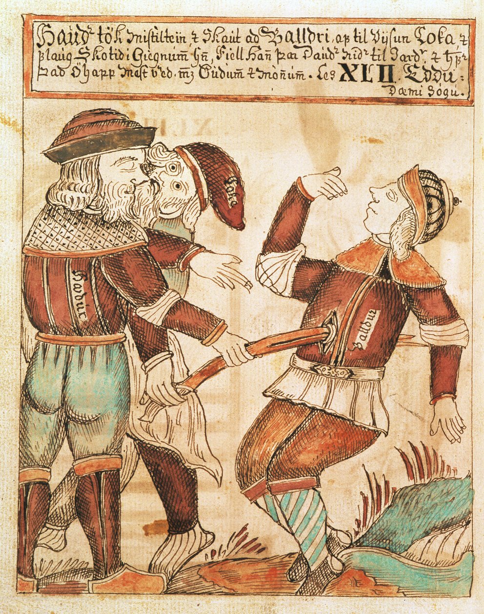 Ny Kgl Saml 1867.4, s.95v The Killing of Balder (penna & tusch och akvarell på papper) (se även 169947) av Icelandic School