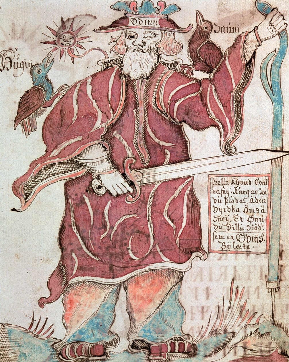 Oden, med sina två kråkor, Hugin (tanke) och Munin (minne) av Icelandic School