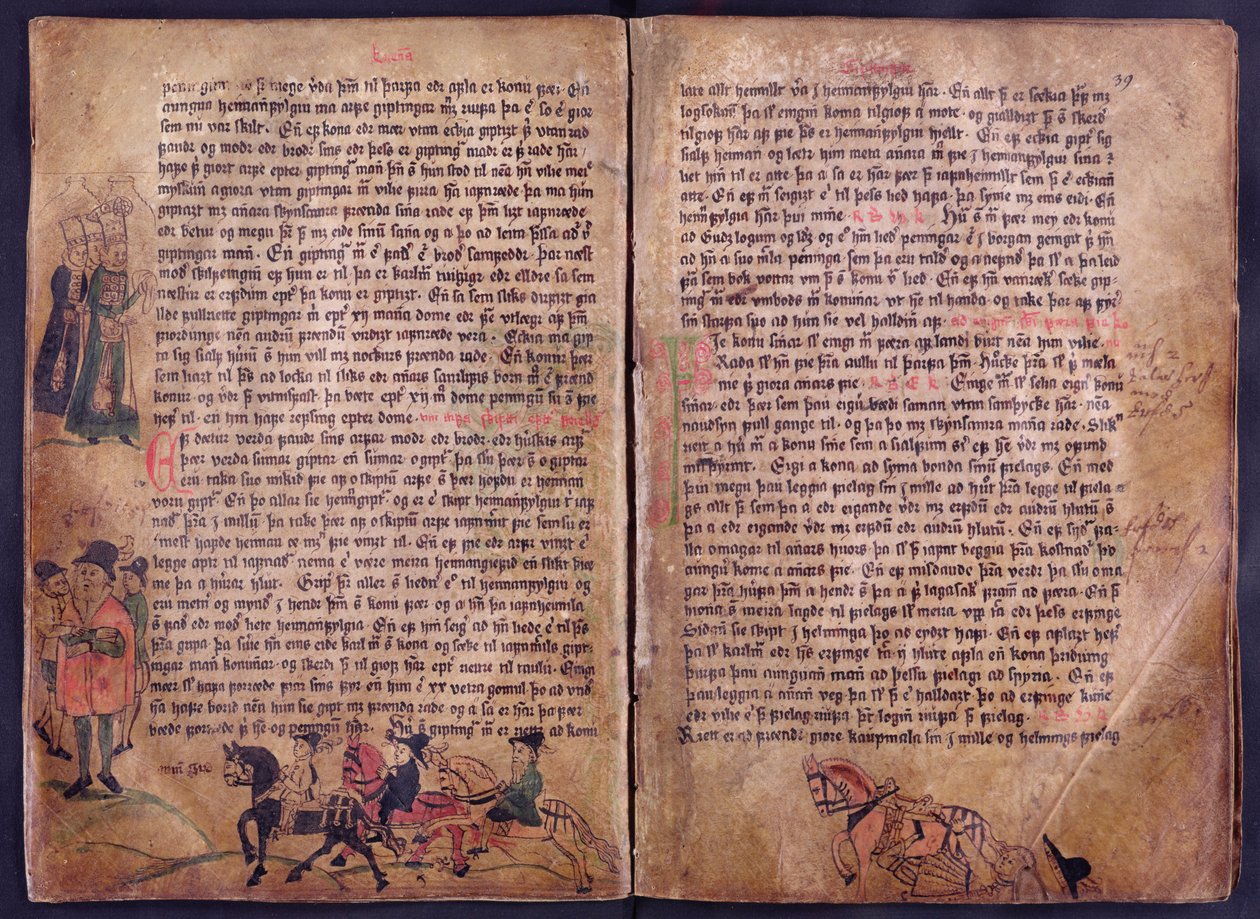 Två illustrerade sidor från en kopia av den ursprungliga 1200-talets Jonsbok lagsamling av Icelandic School