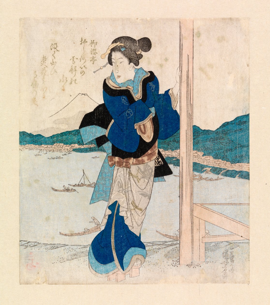Geisha på balkongen i en körsbärsträdspaviljong, ca 1830 (träsnitt i färg) av Ichiyusai Kuniyoshi