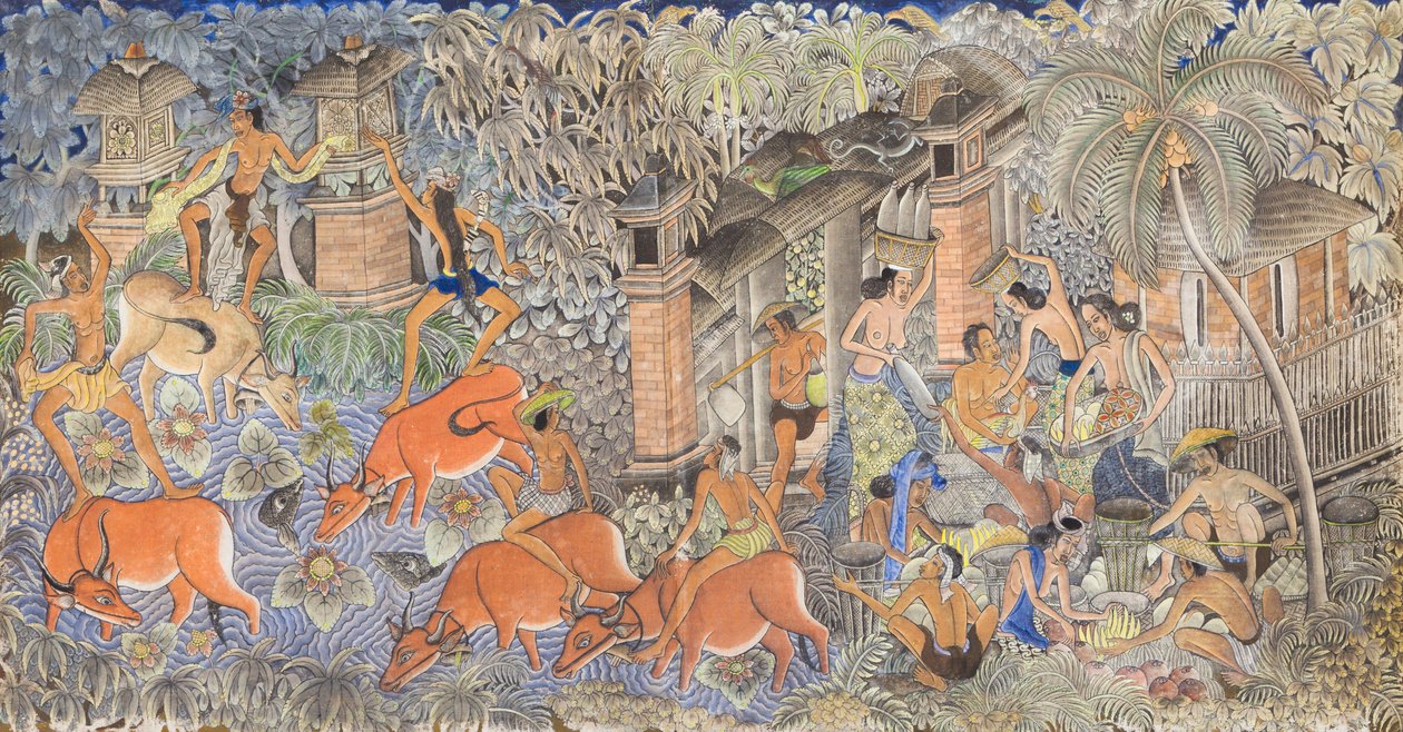 Tidfördriv för koherdare och bybor (tempera på duk) av Ida Bagus Kembeng