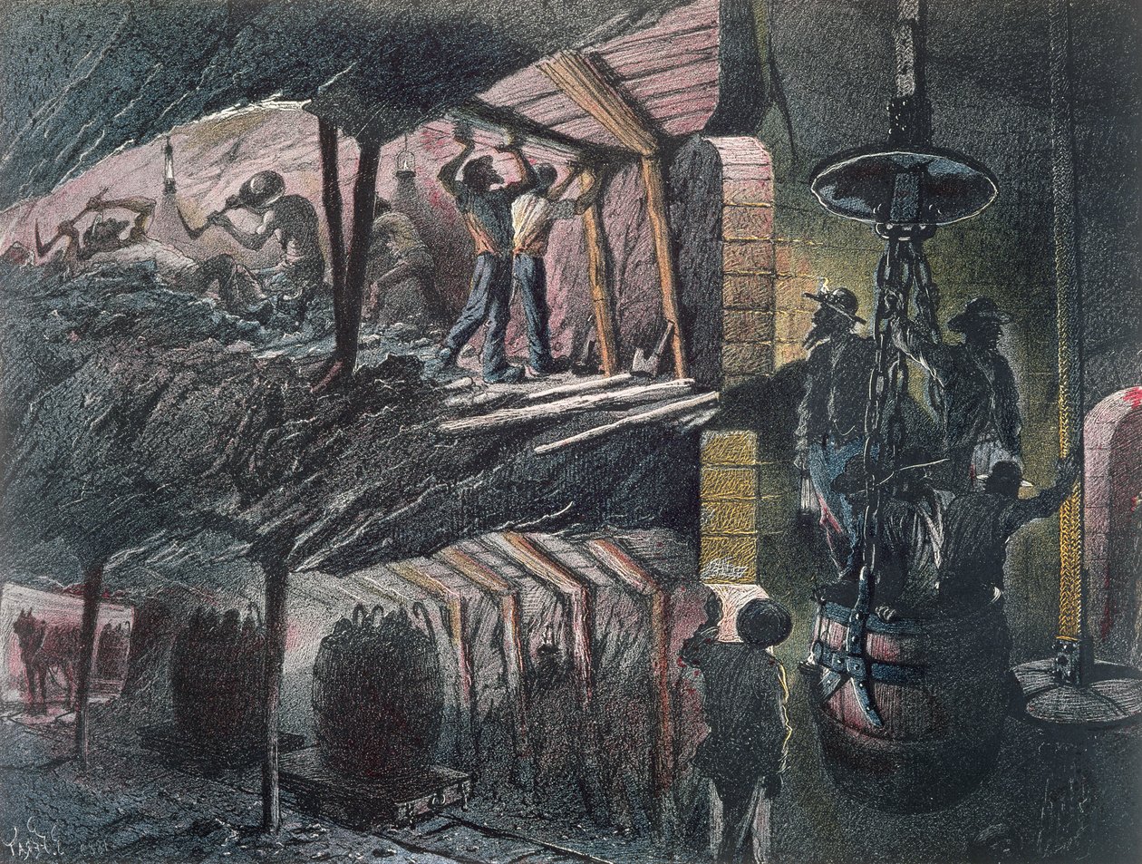 Tvärsnitt av en kolgruva, graverad av Jules Ferat (f.1819) 1889 av Ignace Francois Bonhomme