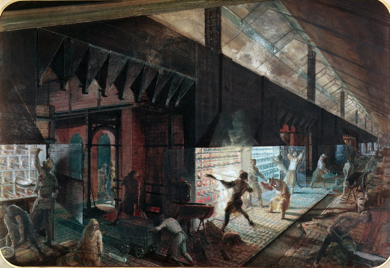 Zinktillverkning vid Vieille Montagne-fabriken, Saone-et-Loire, ca 1860 av Ignace Francois Bonhomme