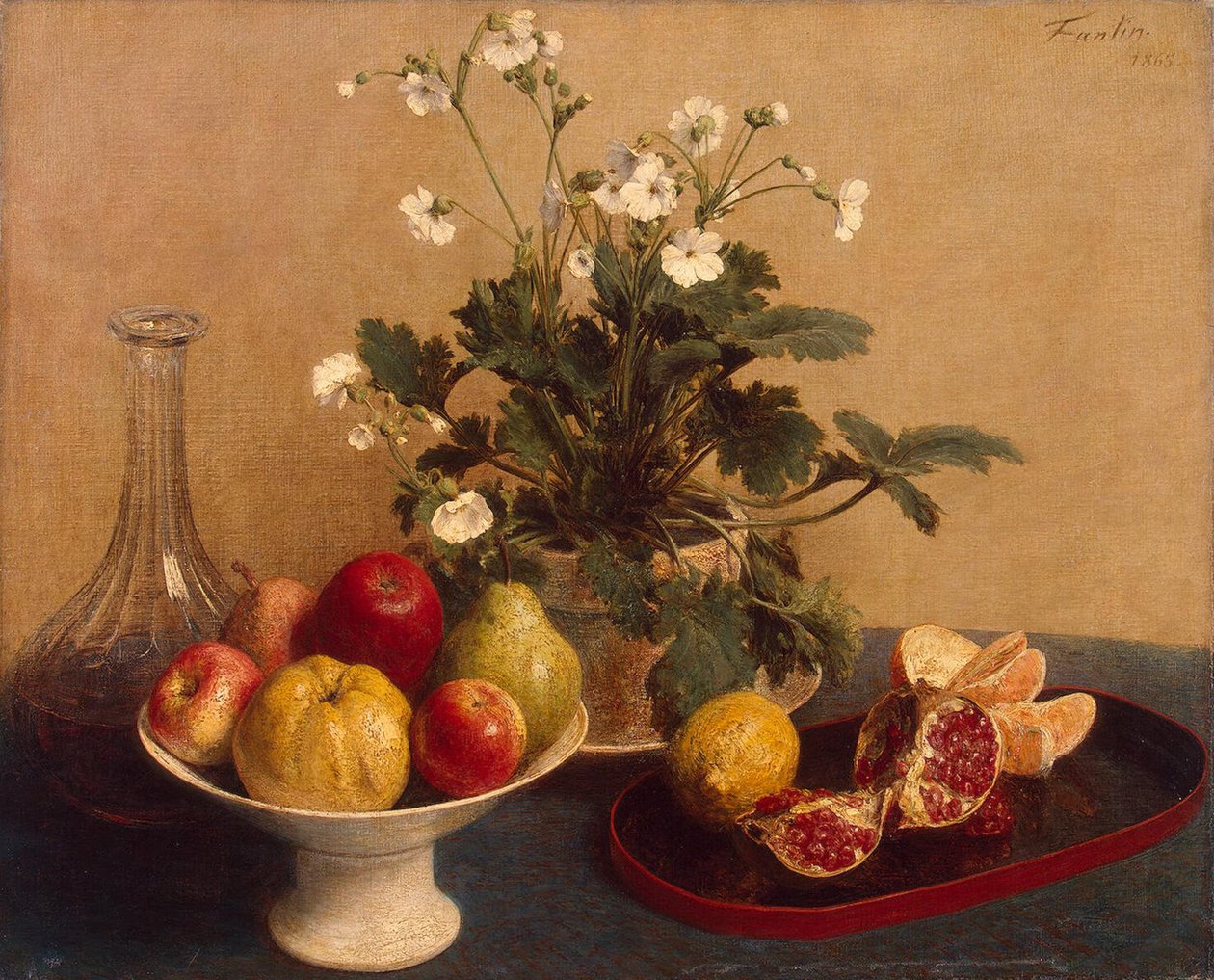 Blommor, fat med frukt och karaff, 1865 av Ignace Henri Jean Fantin Latour