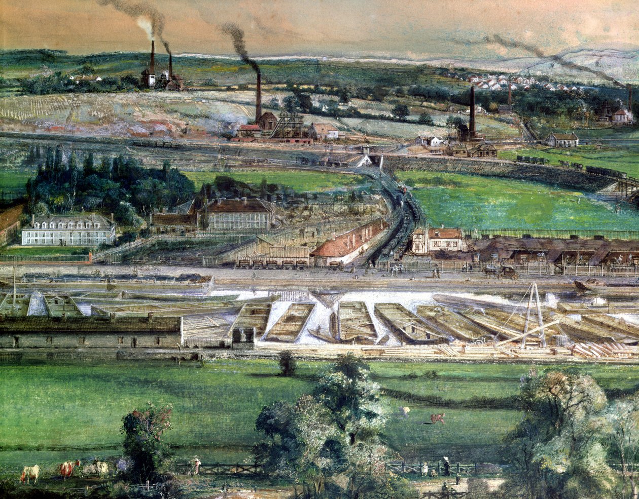 Industriellt landskap i Blanzy-kolfältet, Saone-et-Loire, ca 1860 wc på pappersdetalj av 157397 av Ignace Francois Bonhomme