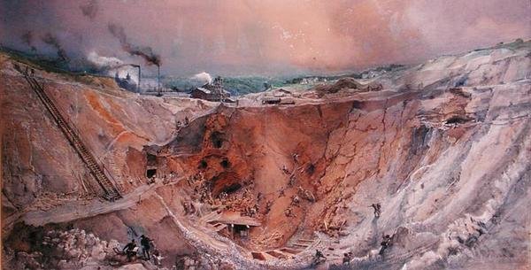 Dagbrottsbrytning vid Vieille Montagne, Saone et Loire, ca 1854 (wc på papper) av Ignace Francois Bonhomme