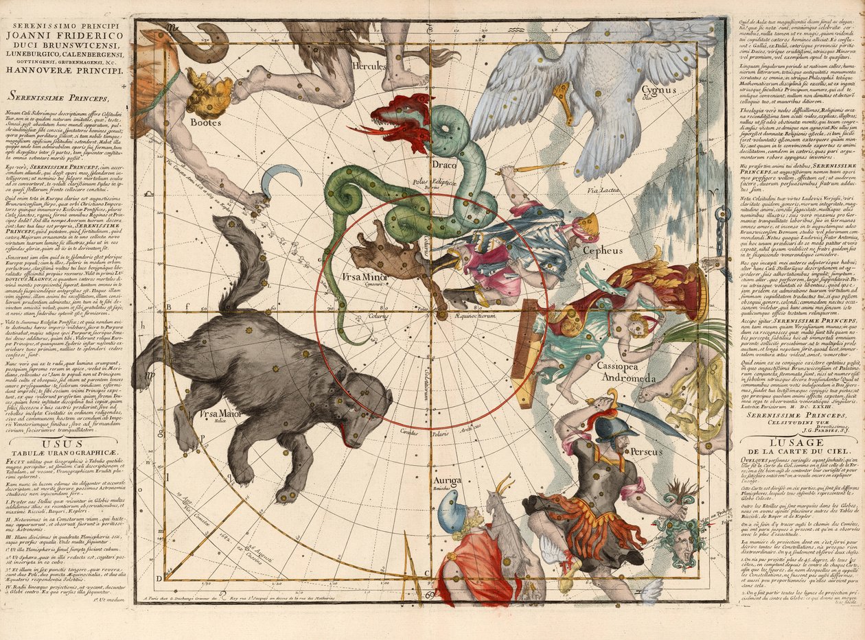 North Pole, Tallrik 1 från beskrivningen av det himmelska klotet i platta ramar, pub. 1674 (handfärgad gravyr) av Ignace Gaston Pardies