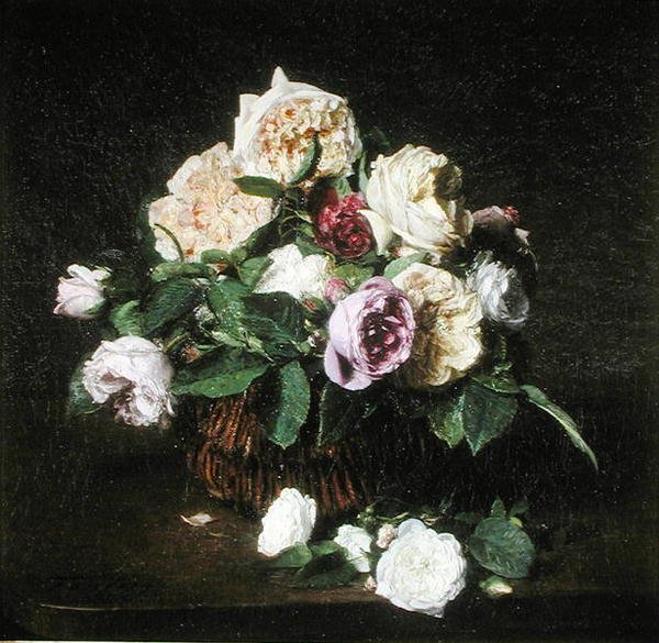 Rosor i en korg på ett bord av Ignace Henri Jean Fantin Latour
