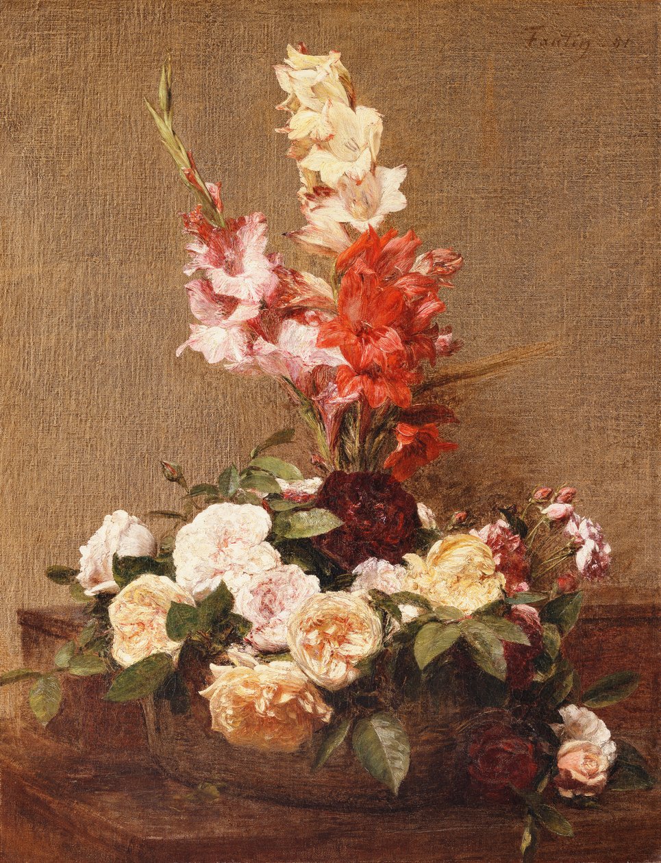 Gladioler och rosor, 1881 av Ignace Henri Jean Fantin Latour