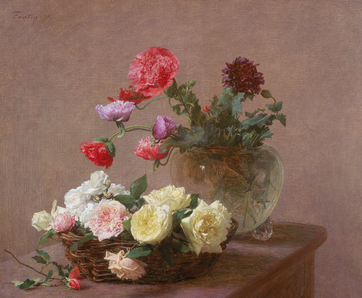 Vallmo i en kristallvas, eller korg med rosor, 1890 av Ignace Henri Jean Fantin Latour