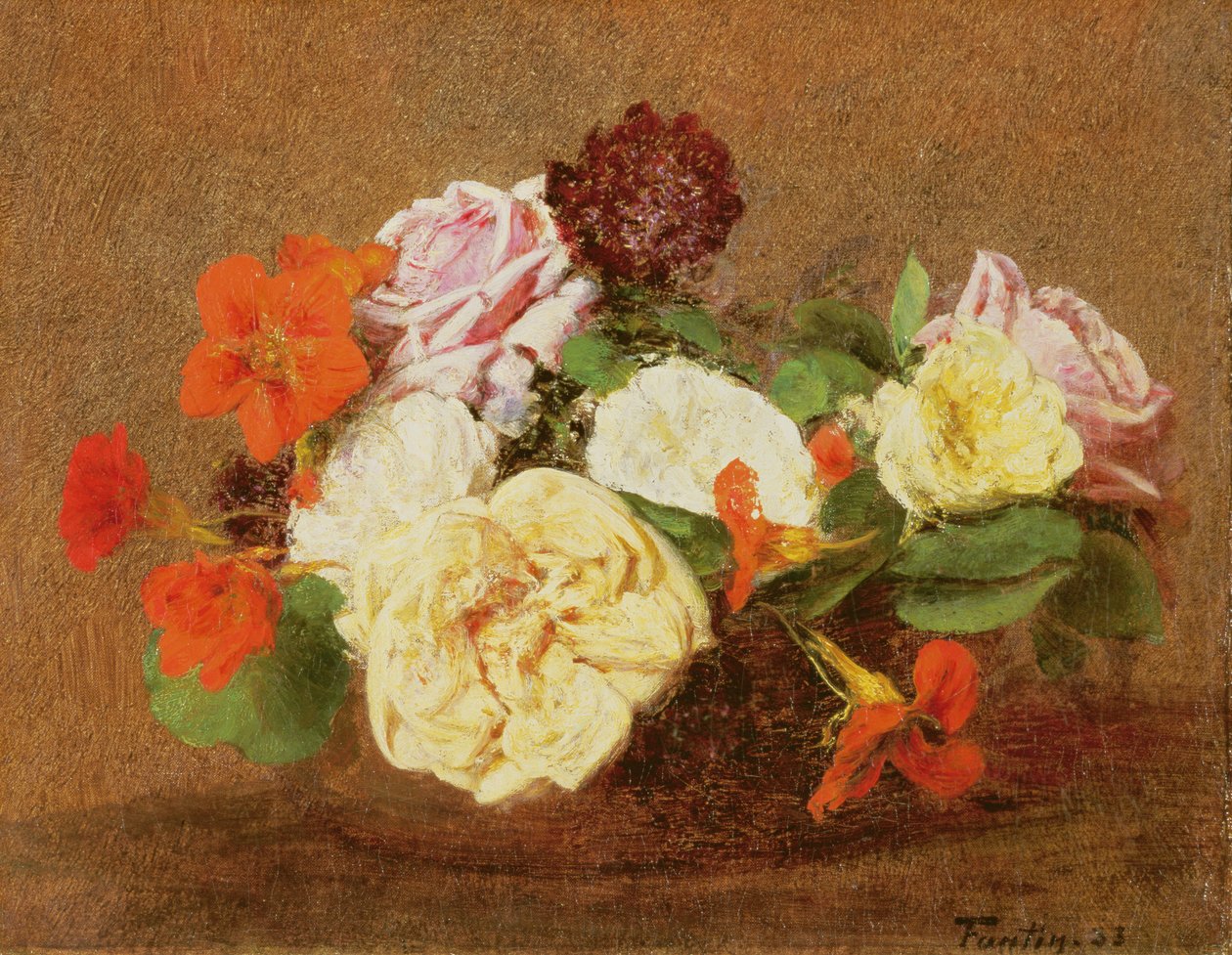 Rosor och Nasturtium i en vas, 1883 av Ignace Henri Jean Fantin Latour