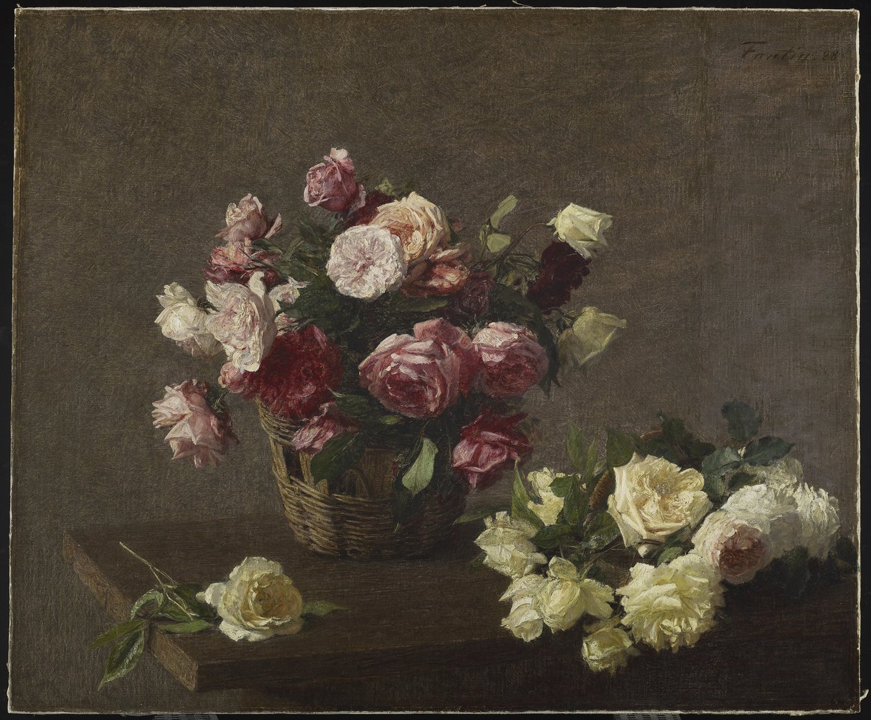 Rosor i en korg, eller rosor i en korg, 1888 av Ignace Henri Jean Fantin Latour