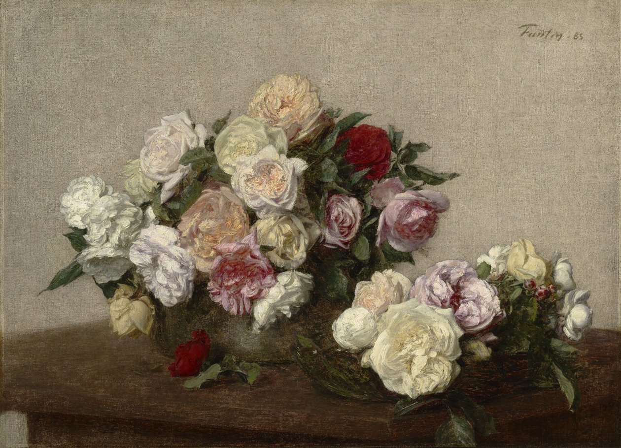 Rosor i skål och fat, 1885 av Ignace Henri Jean Fantin Latour