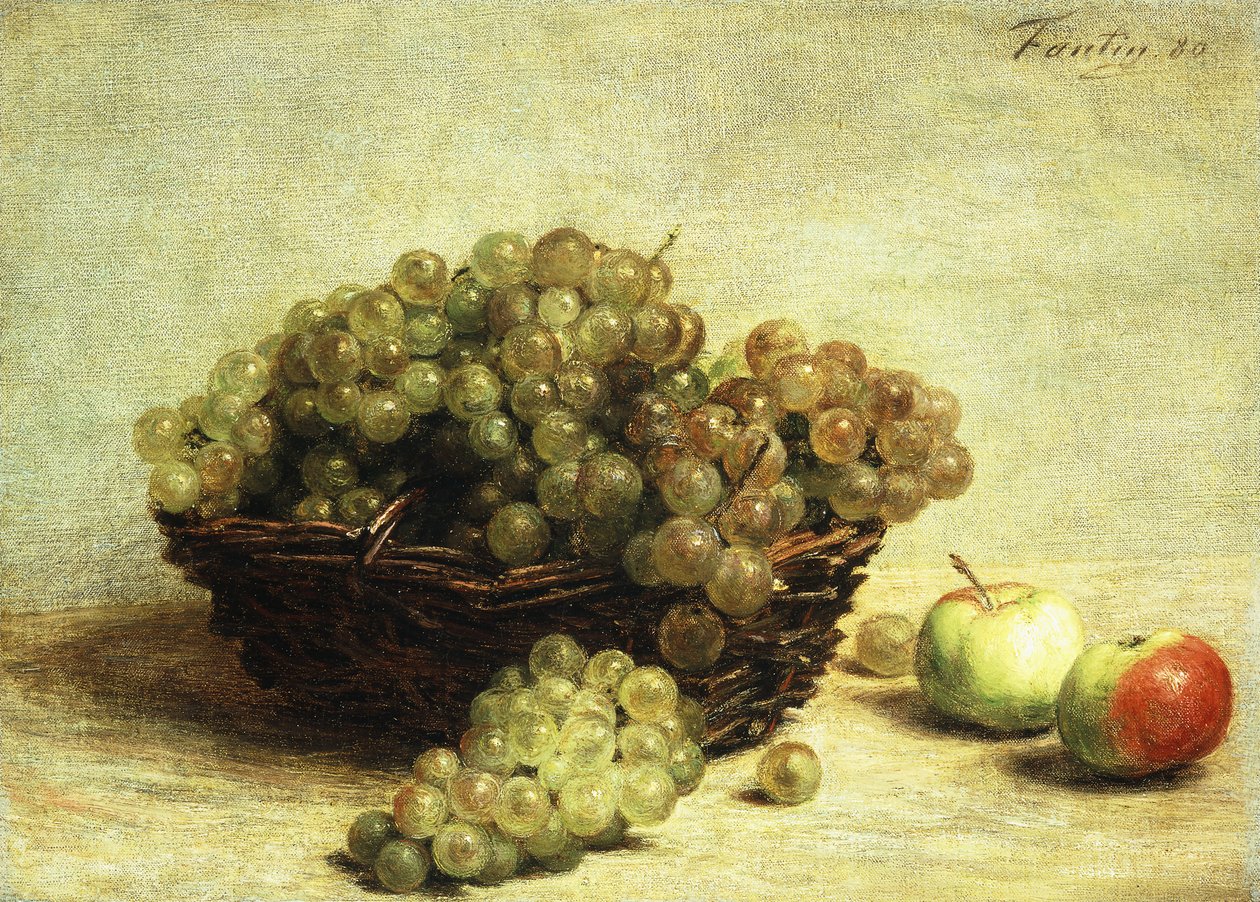 Stilleben, russin och äpplen i en korg; Nature Morte, Raisin et Pomme d"Api, 1880 av Ignace Henri Jean Fantin Latour