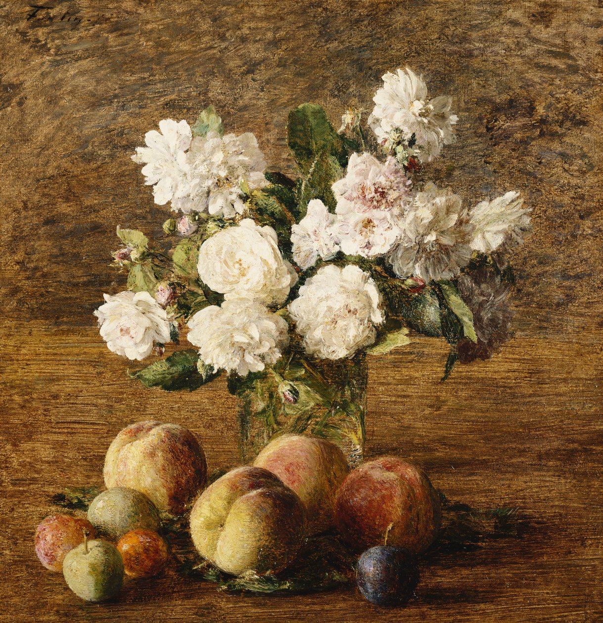 Stilleben: Rosor och frukter; Nature Morte: Roses et Fruits, 1878 av Ignace Henri Jean Fantin Latour