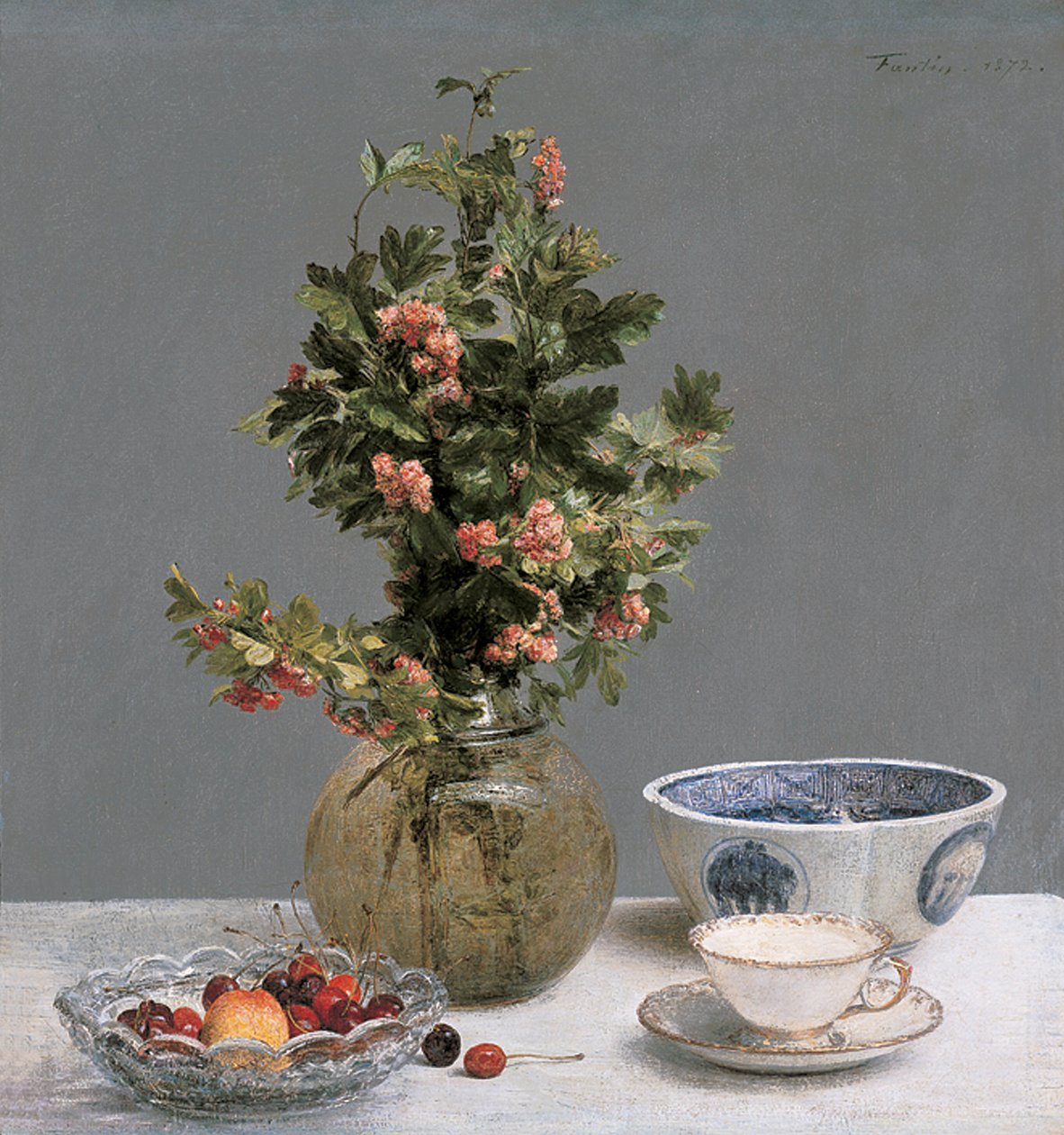 Stilleben med vas av hagtorn, skål med körsbär, japansk skål och kopp och fat av Ignace Henri Jean Fantin Latour
