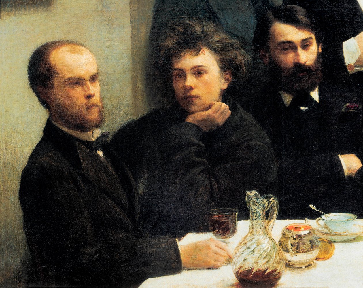 Bordhörna: från vänster till höger: Paul Verlaine, Arthur Rimbaud, Elzear Bonnier. (Målning, 1800-talet) av Ignace Henri Jean Fantin Latour