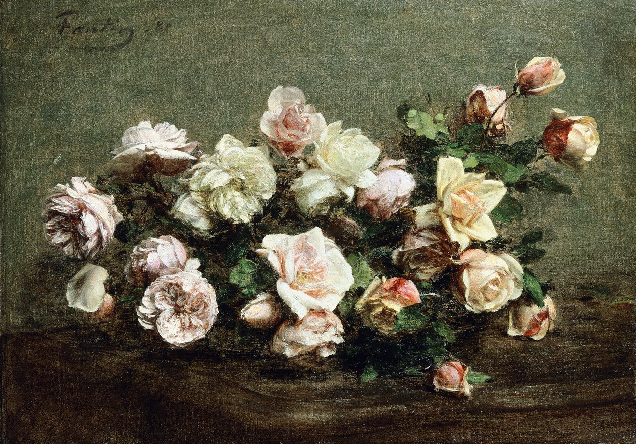 Vas av vita rosor på ett bord; Vas med vita och rosa rosor på bordet, av Ignace Henri Jean Fantin Latour