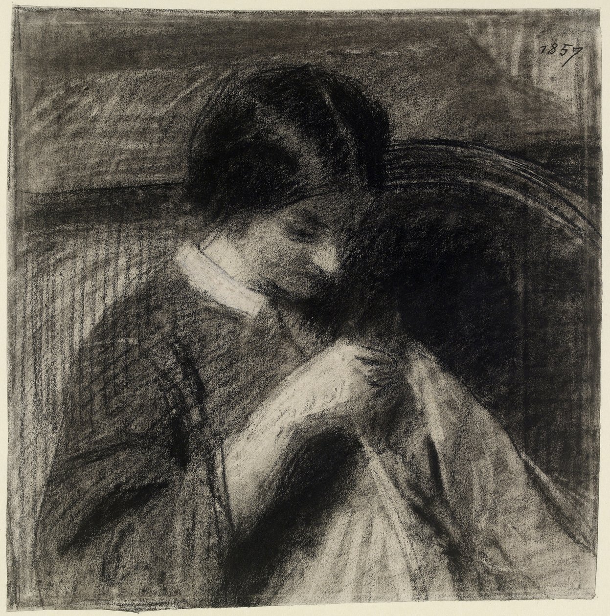 Kvinnasömnad (kol med stumpning och radering, vidrörd med vit krita på vitt papper) av Ignace Henri Jean Fantin Latour