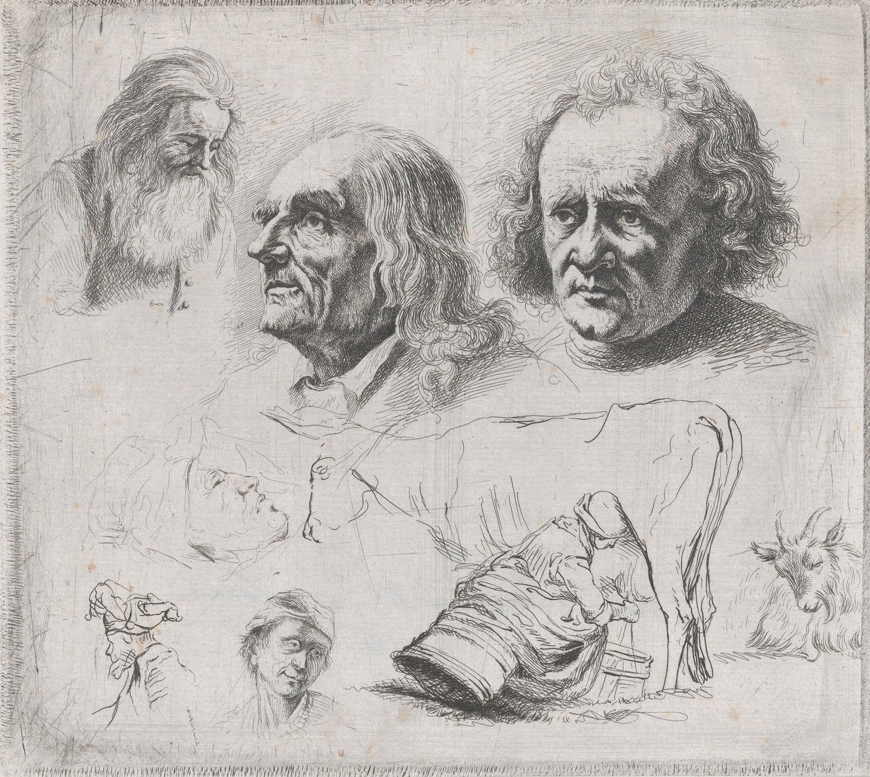 Studie av sex huvuden och en mjölkpiga, 1816. av Ignace Joseph de Claussin