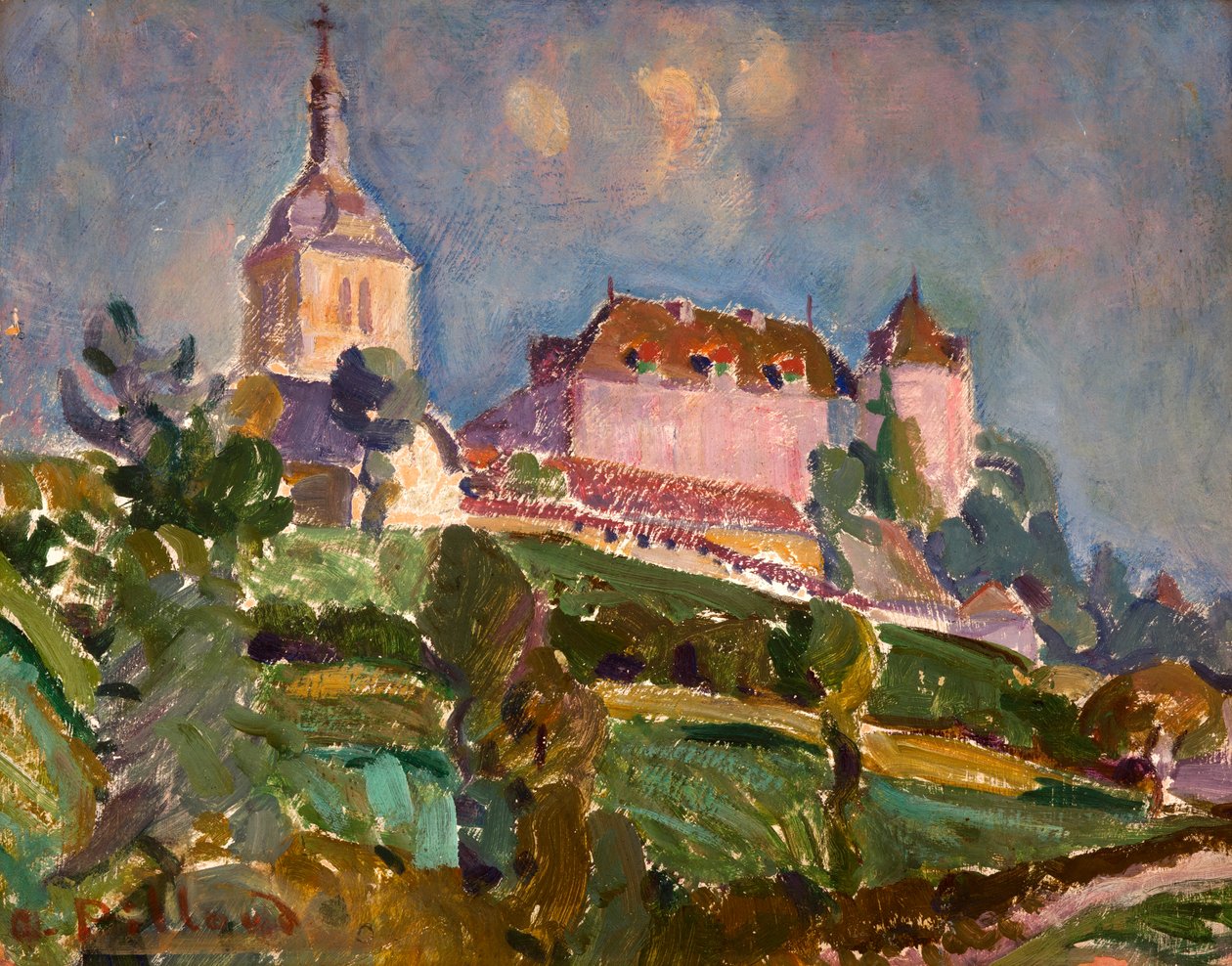 Utsikt över slottet och kyrkan i Gruyères, ca 1925-30 (olja på kartong) av Ignace Nazaire Oswald Pilloud