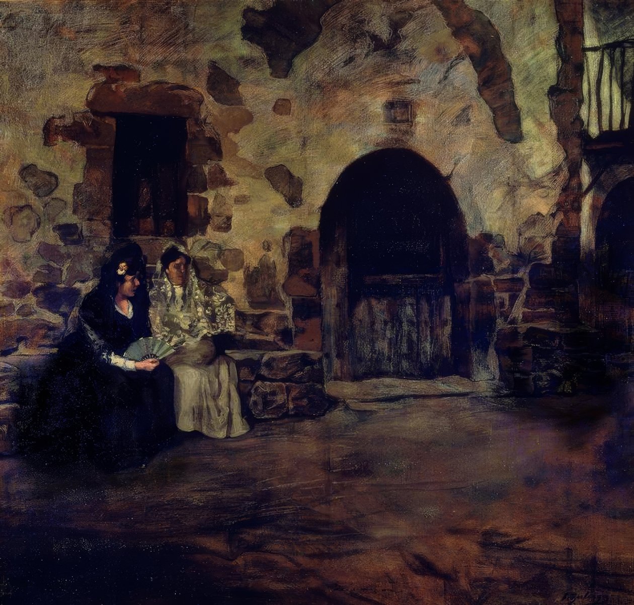 (TVÅ KVINNOR MED MANTILLA OCH FLÄKT VID DÖRREN TILL CASERIO) - 1900-talet av Ignacio Zuloaga y Zabaleta
