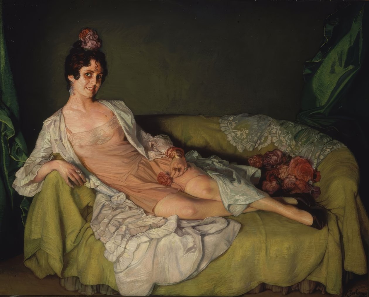 (KVINNA LIGGER I FÅTÅL I KOMBINATION OCH ROBE) - 1900-talet av Ignacio Zuloaga y Zabaleta