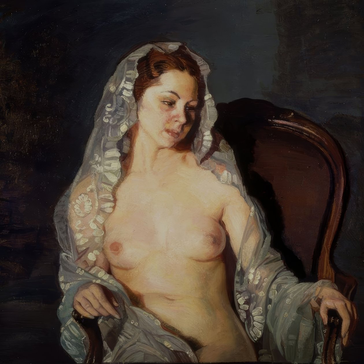 (KVINNA SITTER NAKEN MED TRANSPARENT TÄKTA) - 1900-talet av Ignacio Zuloaga y Zabaleta
