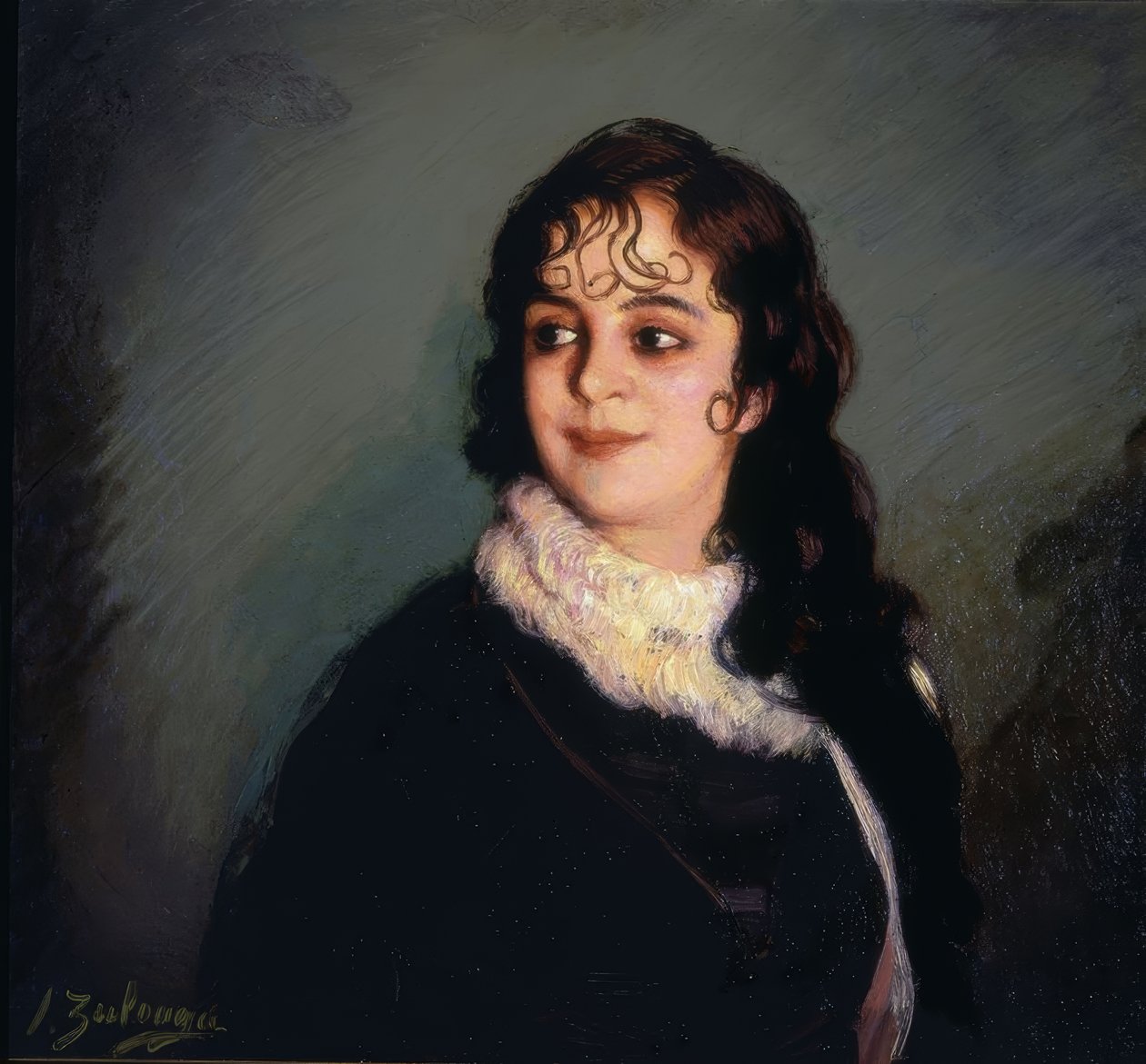 (PORTRÄTT AV EN FLICKA MED LOCKAR PÅ PANNA OCH PÅ SIDEN) - 1900-talet av Ignacio Zuloaga y Zabaleta